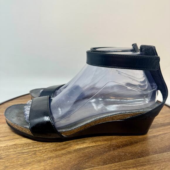 NAOT Pixie Black Leather Wedge Sandal Cork Sz EU 39 US 8.5 Adjust Strappy Ankle - Picture 3 of 11